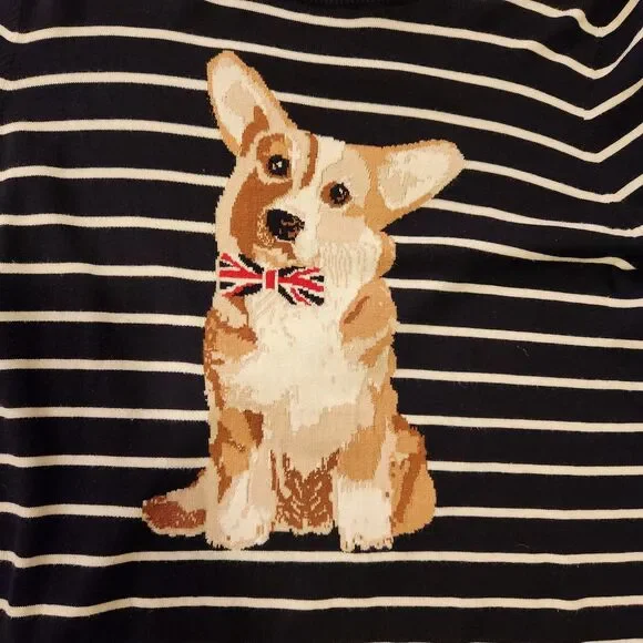 Talbots Smart Striped Corgi Sweater, Navy + White, Back Buttons, British, Sz M - Picture 5 of 9
